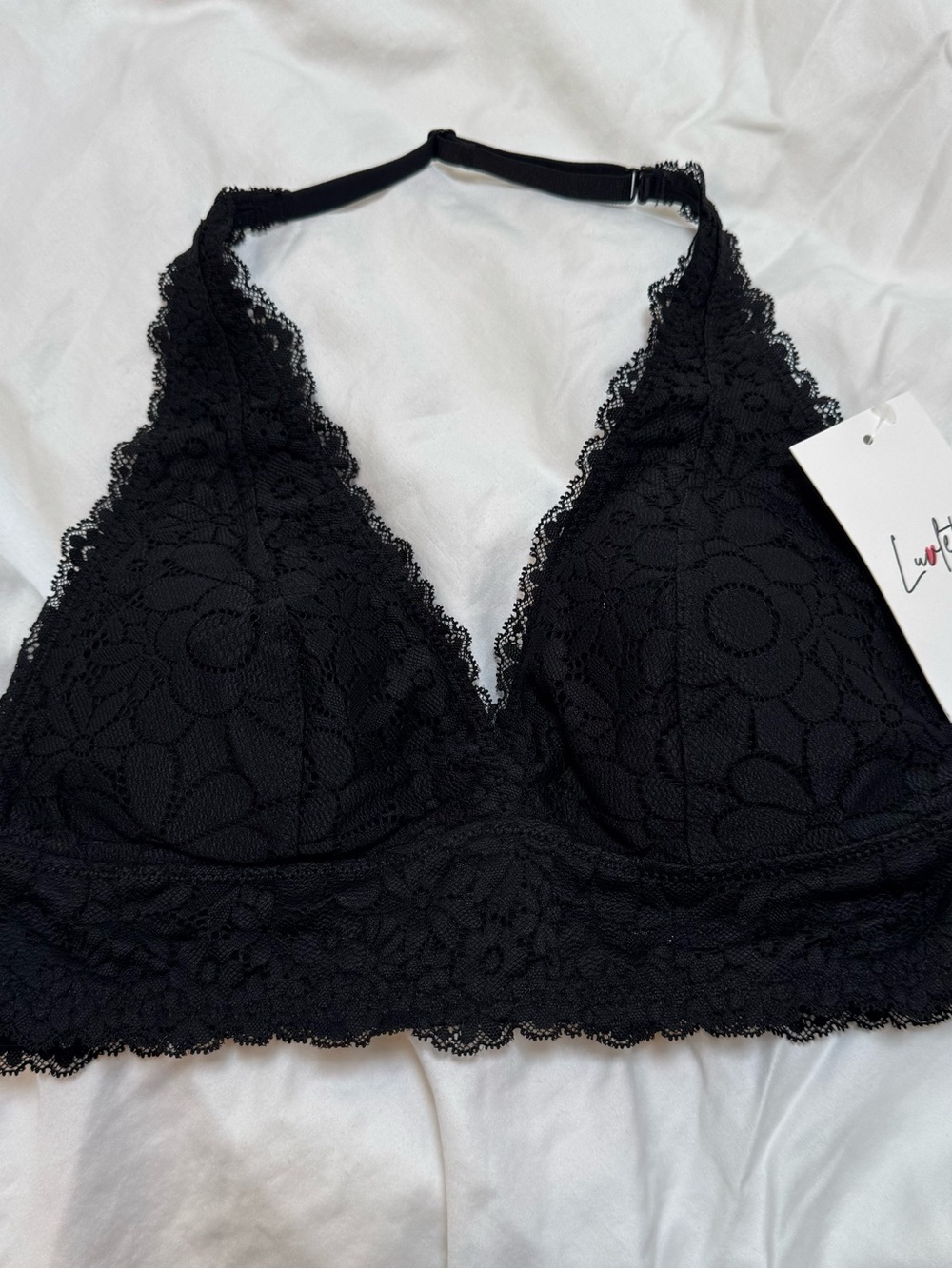 Luvfette black floral lace halter bralette, Med, NWT
